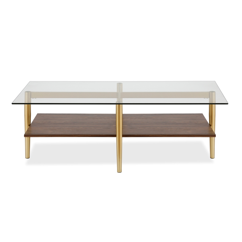 Allora Mid-Century Brass Metal Rectangle Coffee Table with Walnut Wood Shelf