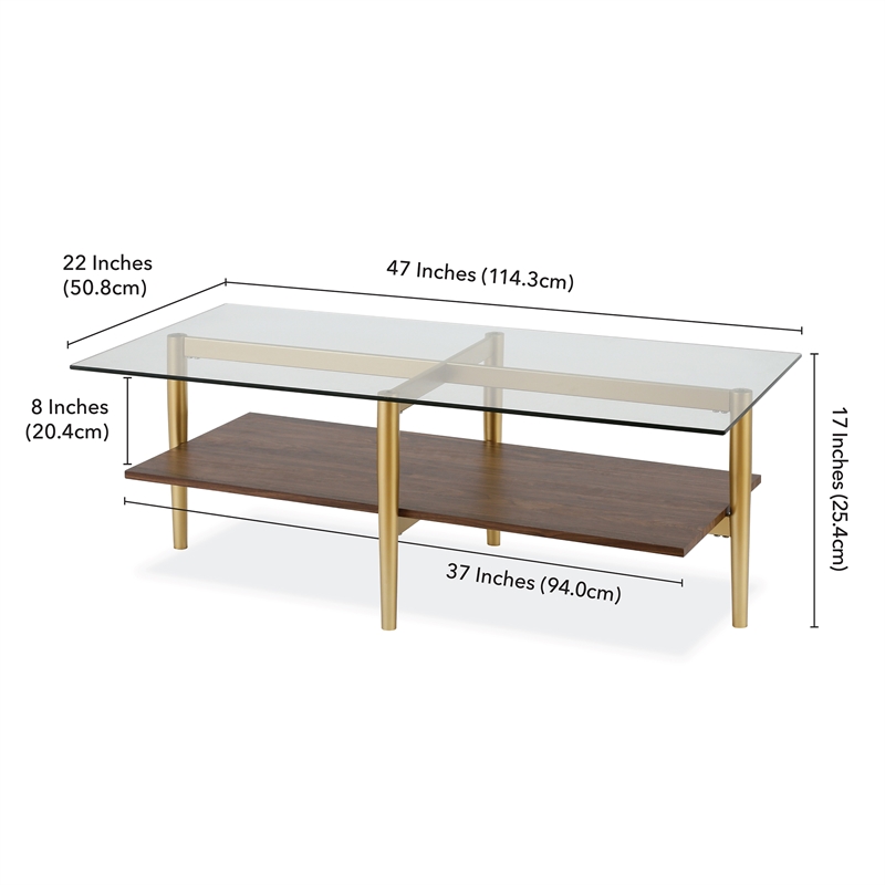 Allora Mid-Century Brass Metal Rectangle Coffee Table with Walnut Wood Shelf