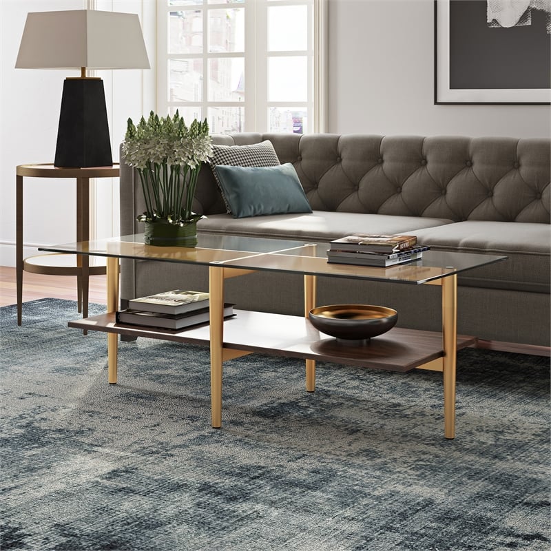 Allora Mid-Century Brass Metal Rectangle Coffee Table with Walnut Wood Shelf