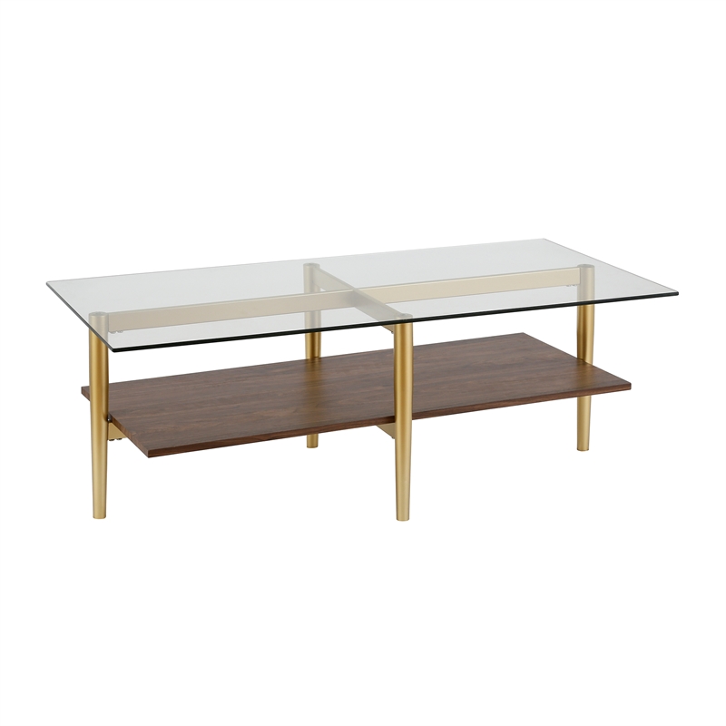 Allora Mid-Century Brass Metal Rectangle Coffee Table with Walnut Wood Shelf