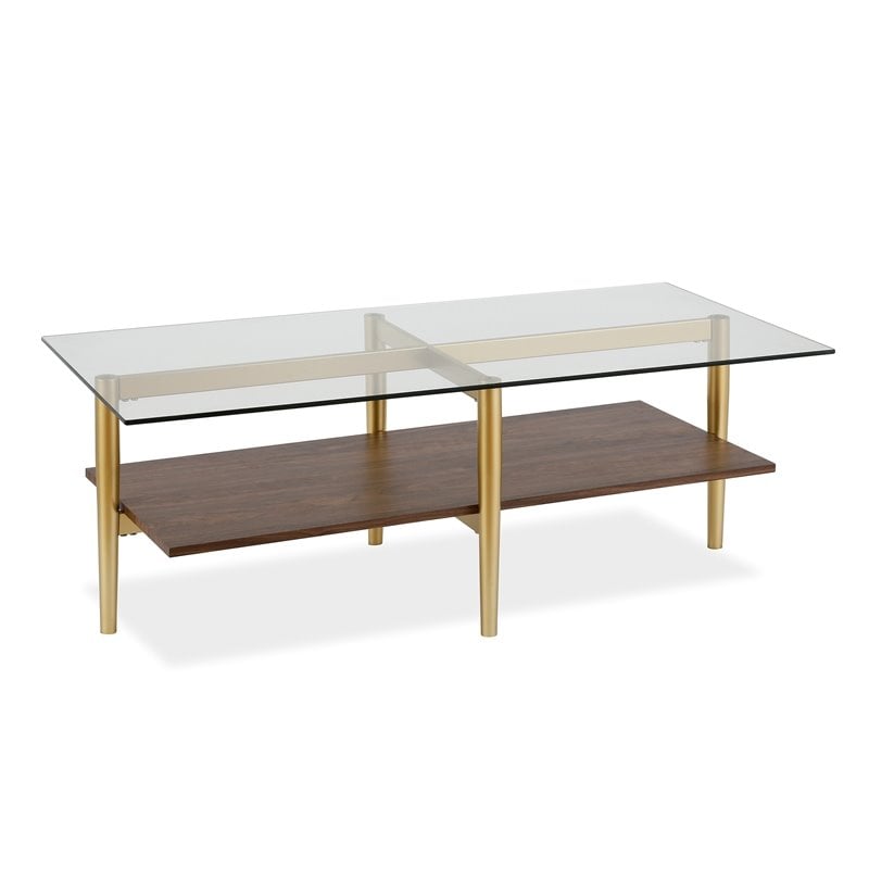 Allora Mid-Century Brass Metal Rectangle Coffee Table with Walnut Wood Shelf