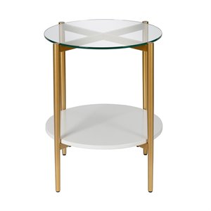 Allora Mid-Century Brass Metal Round Side Table with White Lacquer Shelf