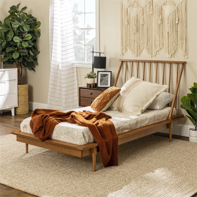 Allora Twin Mid Century Solid Wood Spindle Bed in Caramel Finish