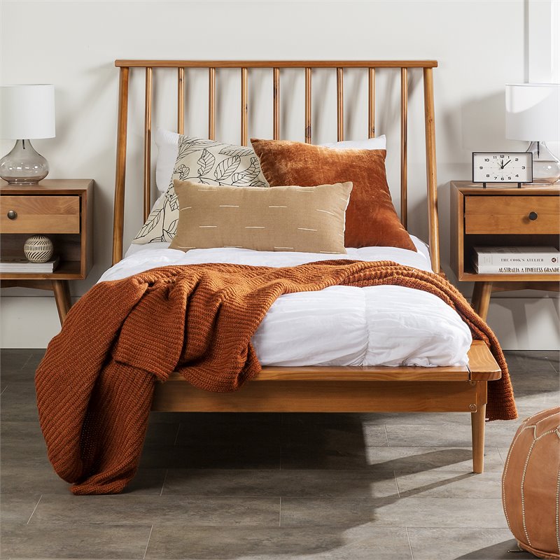 Allora Twin Mid Century Solid Wood Spindle Bed in Caramel Finish
