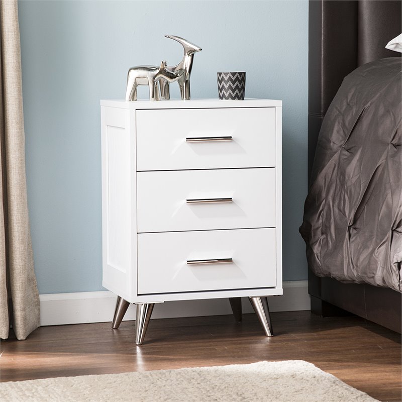 Allora Mid-Century 3 Drawer Nightstand in White and Chrome Finish