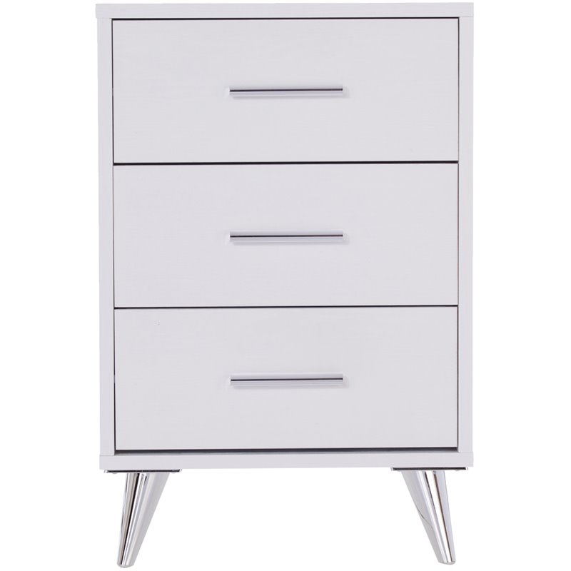 Allora Mid-Century 3 Drawer Nightstand in White and Chrome Finish