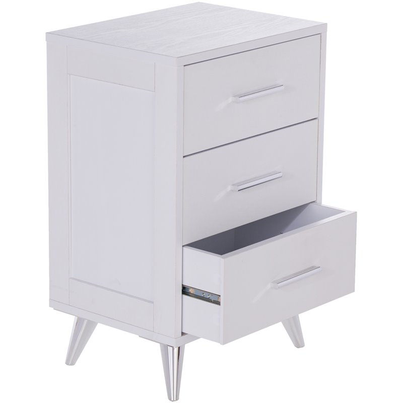 Allora Mid-Century 3 Drawer Nightstand in White and Chrome Finish