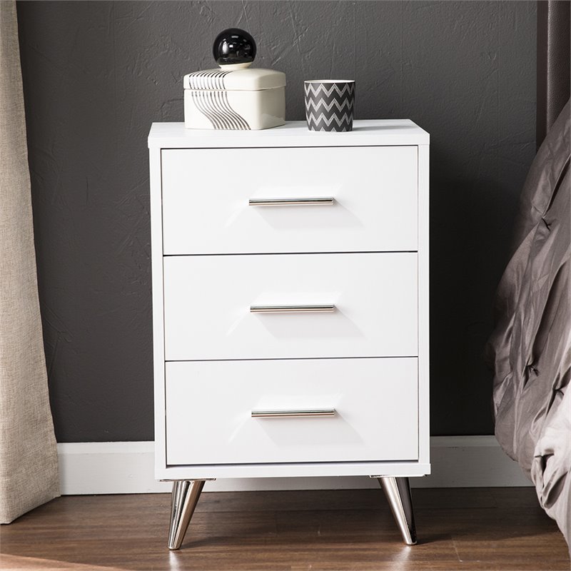 Allora Mid-Century 3 Drawer Nightstand in White and Chrome Finish