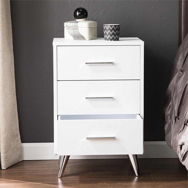Allora Mid-Century 3 Drawer Nightstand in White and Chrome Finish