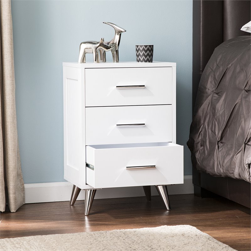 Allora Mid-Century 3 Drawer Nightstand in White and Chrome Finish
