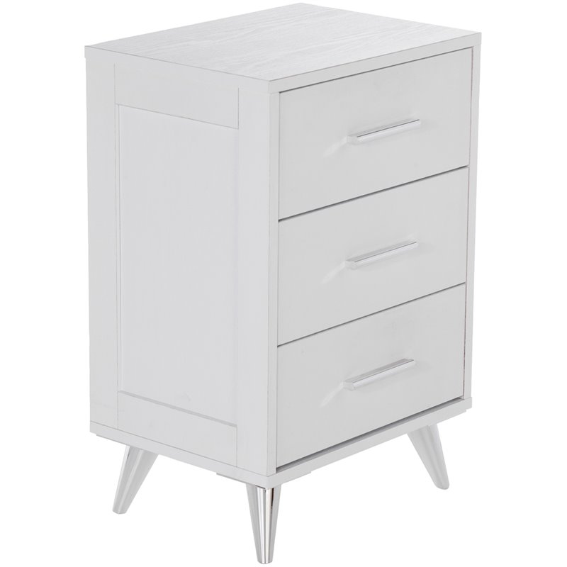 Allora Mid-Century 3 Drawer Nightstand in White and Chrome Finish