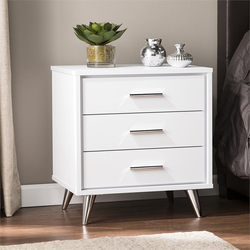Allora Mid-Century 3 Drawer Nightstand in White and Chrome Finish