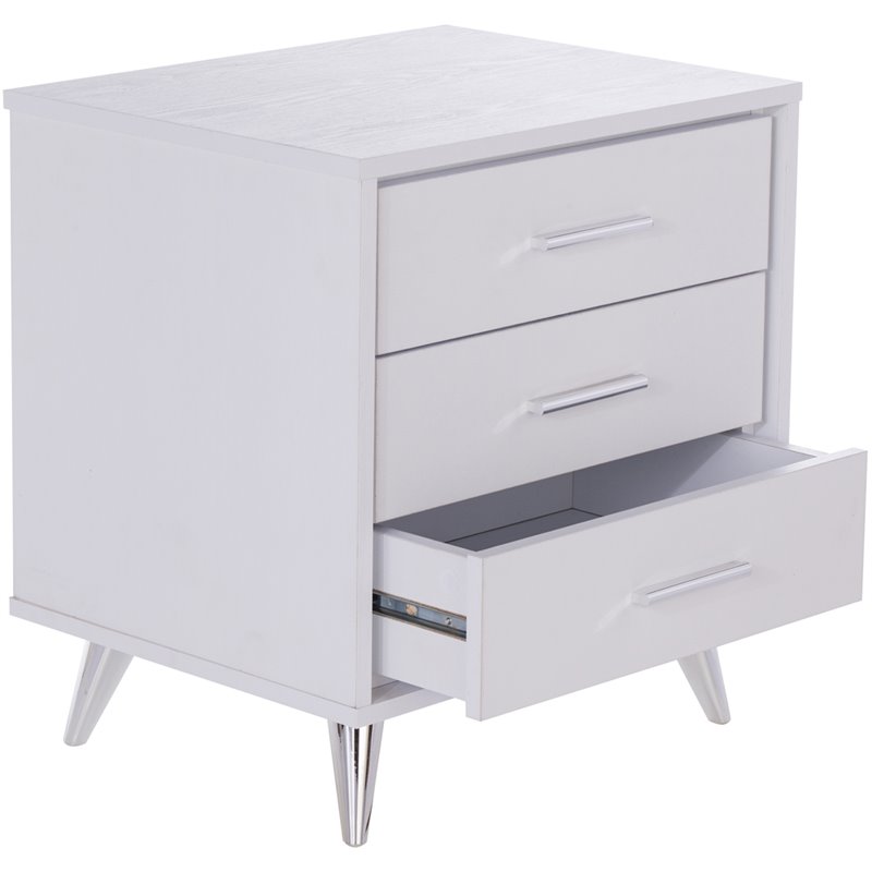 Allora Mid-Century 3 Drawer Nightstand in White and Chrome Finish