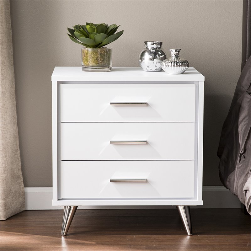 Allora Mid-Century 3 Drawer Nightstand in White and Chrome Finish