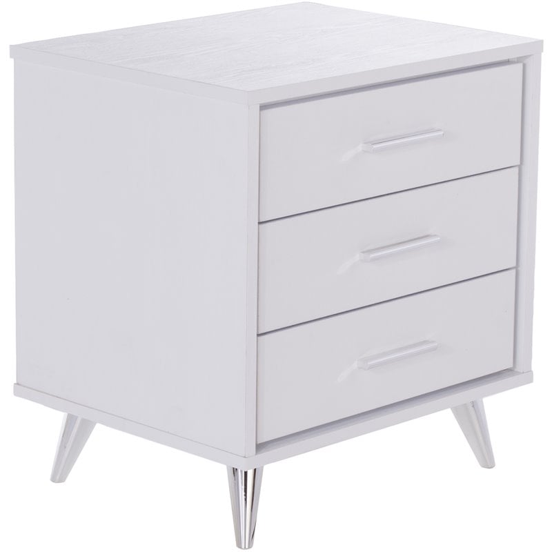 Allora Mid-Century 3 Drawer Nightstand in White and Chrome Finish