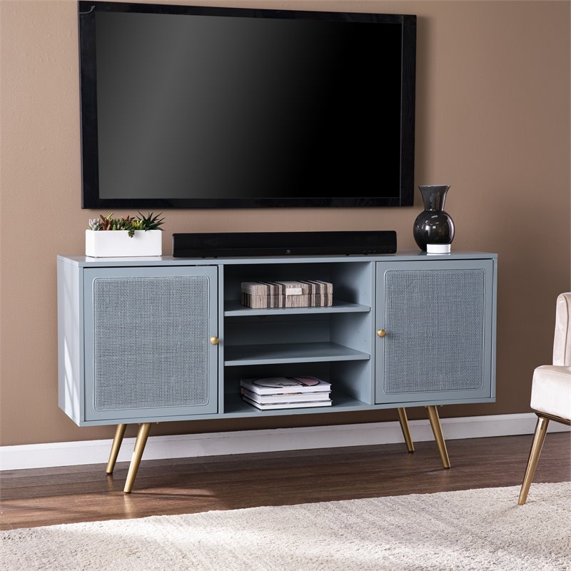 Allora Engineered Wood TV Stand with 2 Cabinets in Mint and Gold