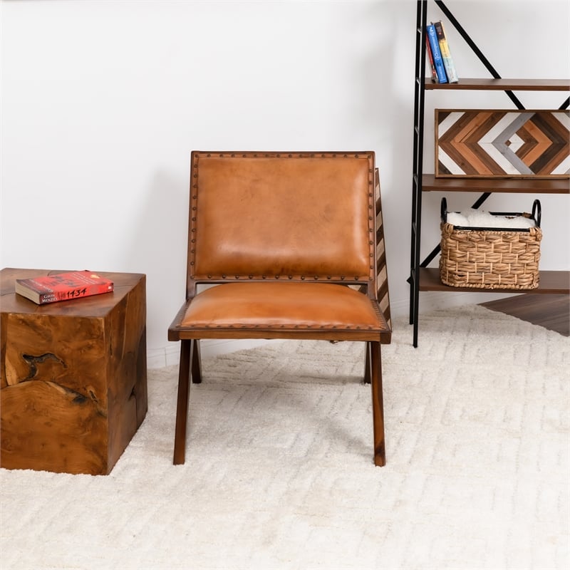 Allora Mid Century Modern Furniture Style Wide Top Leather Tan Comfy Armchair