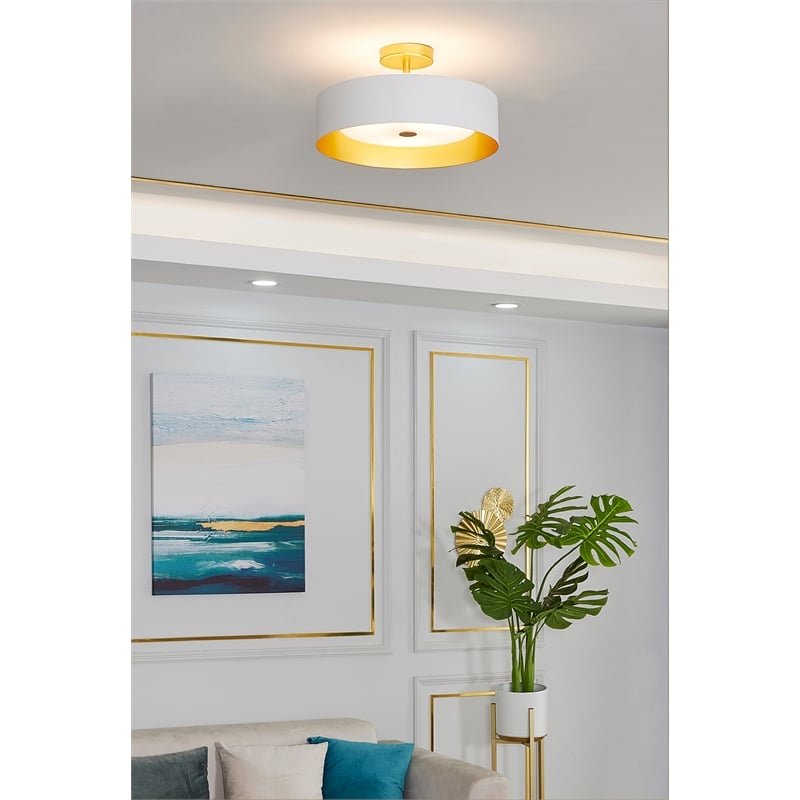 Bromi Design Lynch 3-Light Semi-Flush Mount Ceiling Fixture in White and Gold