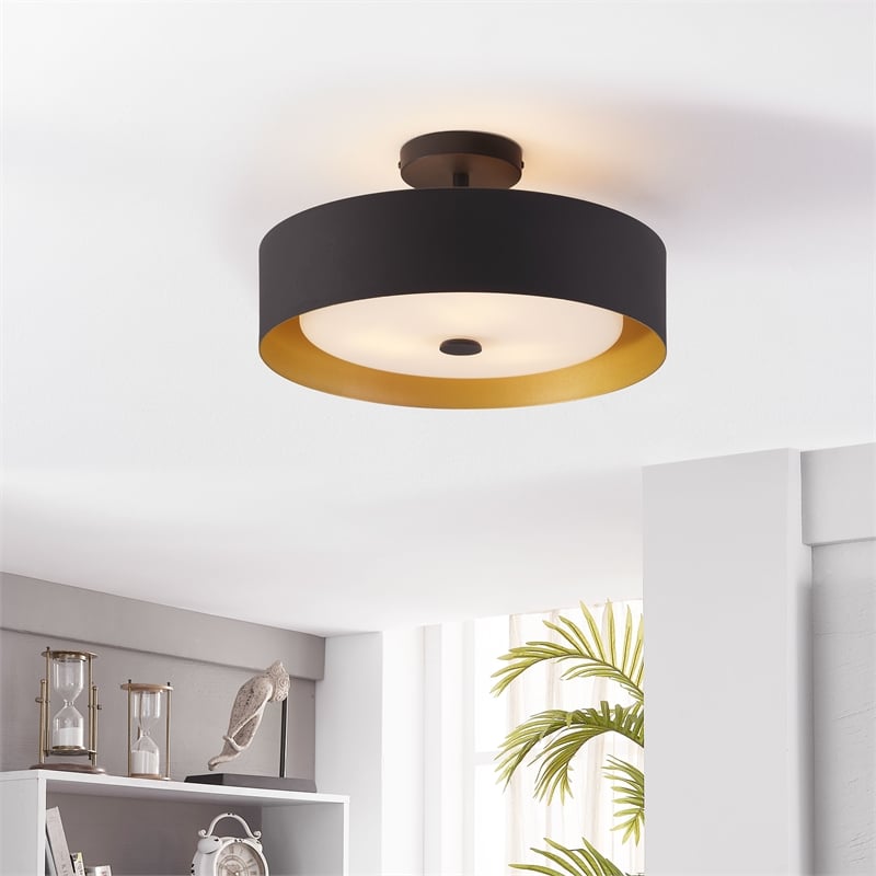 Bromi Design Lynch 1-Light Modern Metal Semi Flush Mount Light in Black/Gold