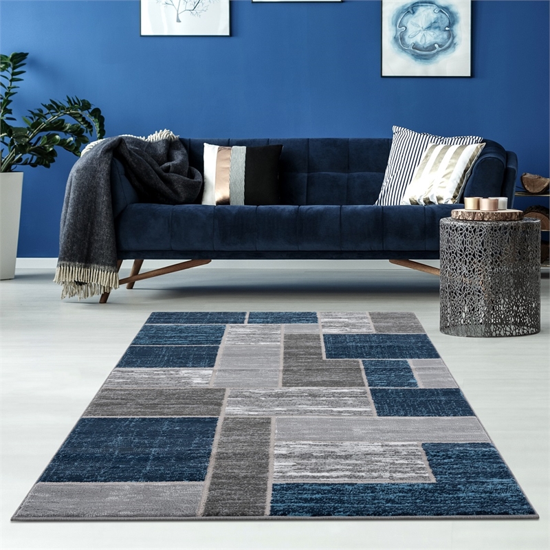 L'Baiet Verena Blue Geometric 5 ft. x 7 ft. Fabric Area Rug