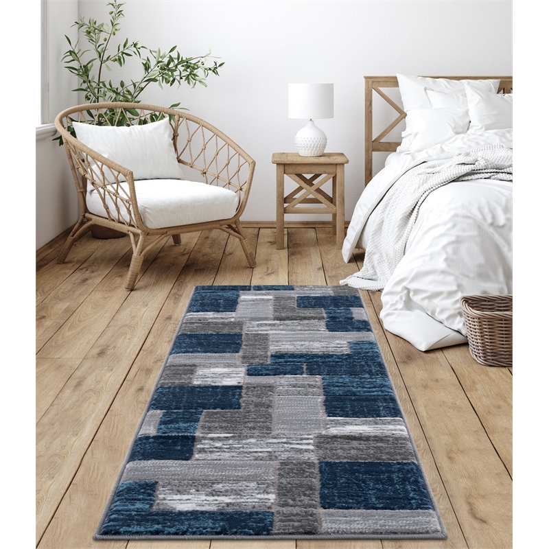 L'Baiet Verena Blue Geometric 2 ft. x 6 ft. Fabric Runner Rug