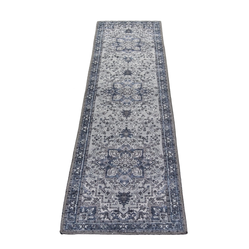 L'Baiet Lyla Blue Traditional Washable 2 ft. x 6 ft. Fabric Runner Rug