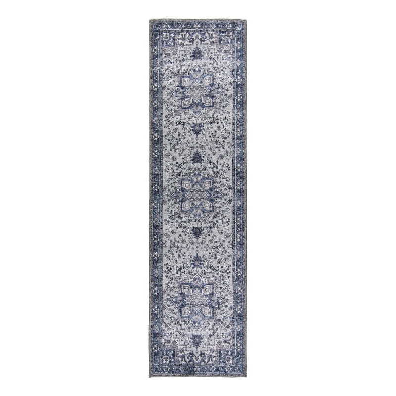 L'Baiet Lyla Blue Traditional Washable 2 ft. x 6 ft. Fabric Runner Rug