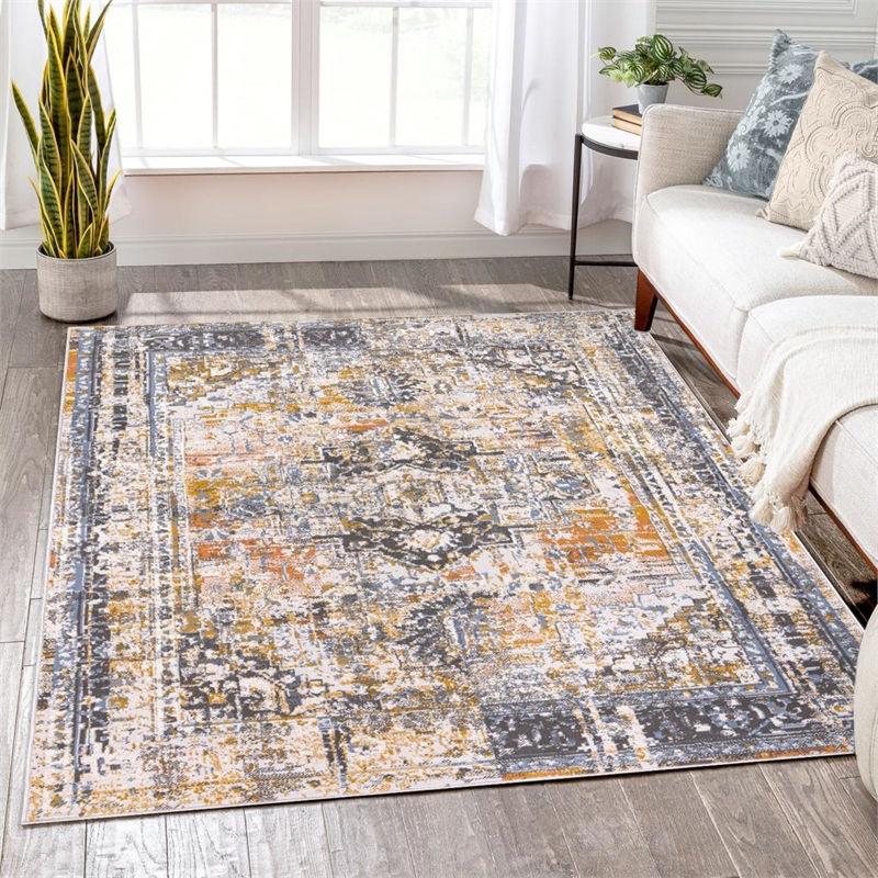 L'Baiet Marie Blue Distressed 8 ft. x 10 ft. Fabric Area Rug