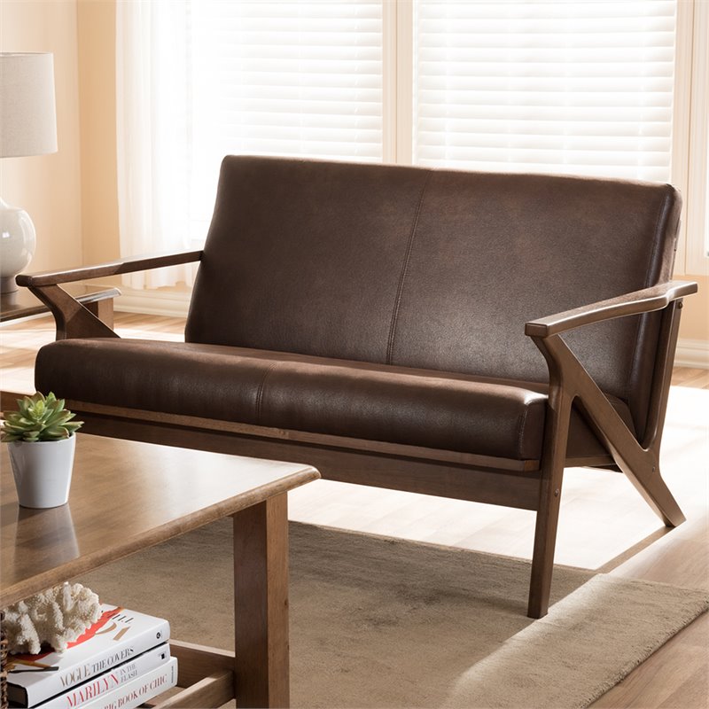 Maddie Home Faux Leather/Wood Loveseat in Brown/Walnut Brown