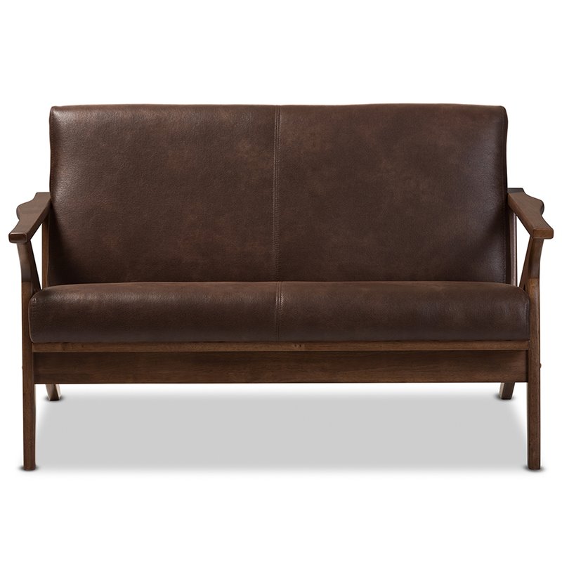 Maddie Home Faux Leather/Wood Loveseat in Brown/Walnut Brown