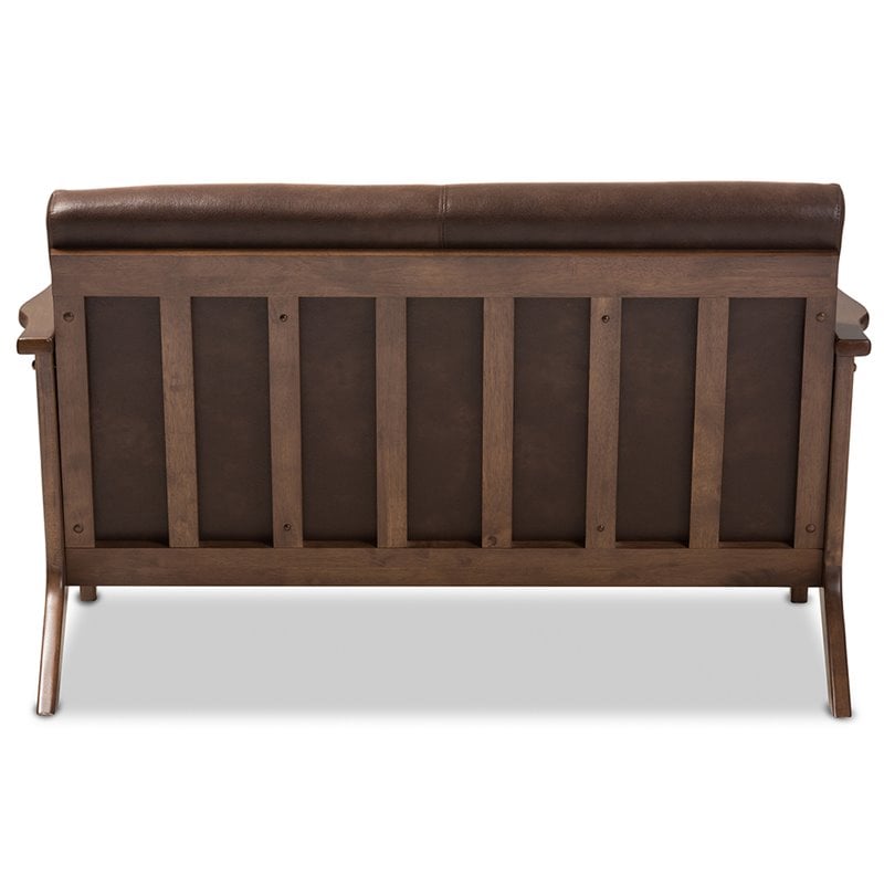 Maddie Home Faux Leather/Wood Loveseat in Brown/Walnut Brown