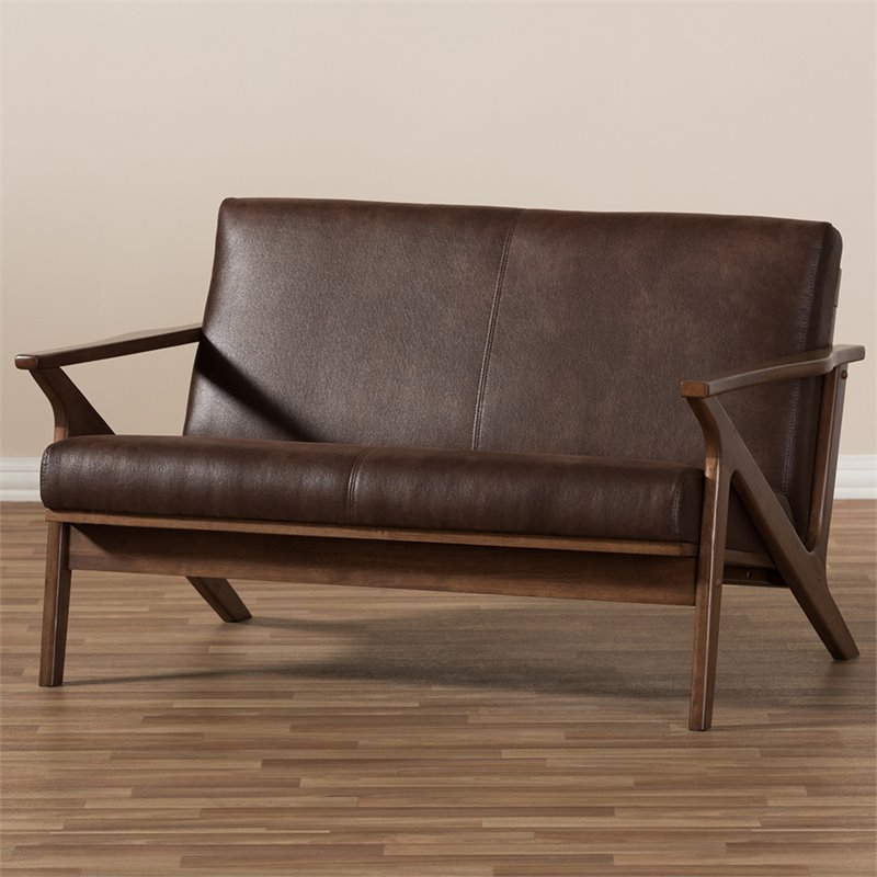 Maddie Home Faux Leather/Wood Loveseat in Brown/Walnut Brown