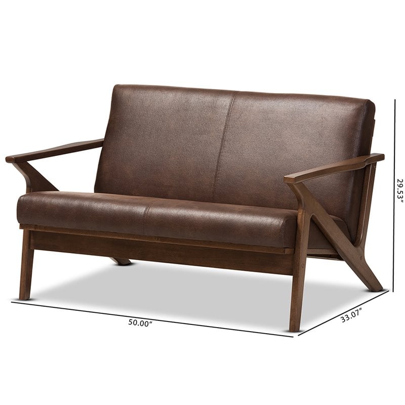 Maddie Home Faux Leather/Wood Loveseat in Brown/Walnut Brown