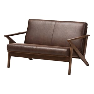 Maddie Home Faux Leather/Wood Loveseat in Brown/Walnut Brown