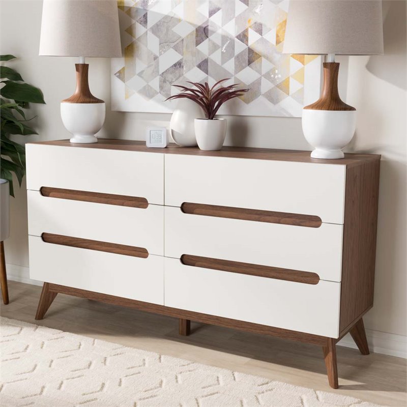 Maddie Home 6 Drawer Double Dresser in White and Walnut