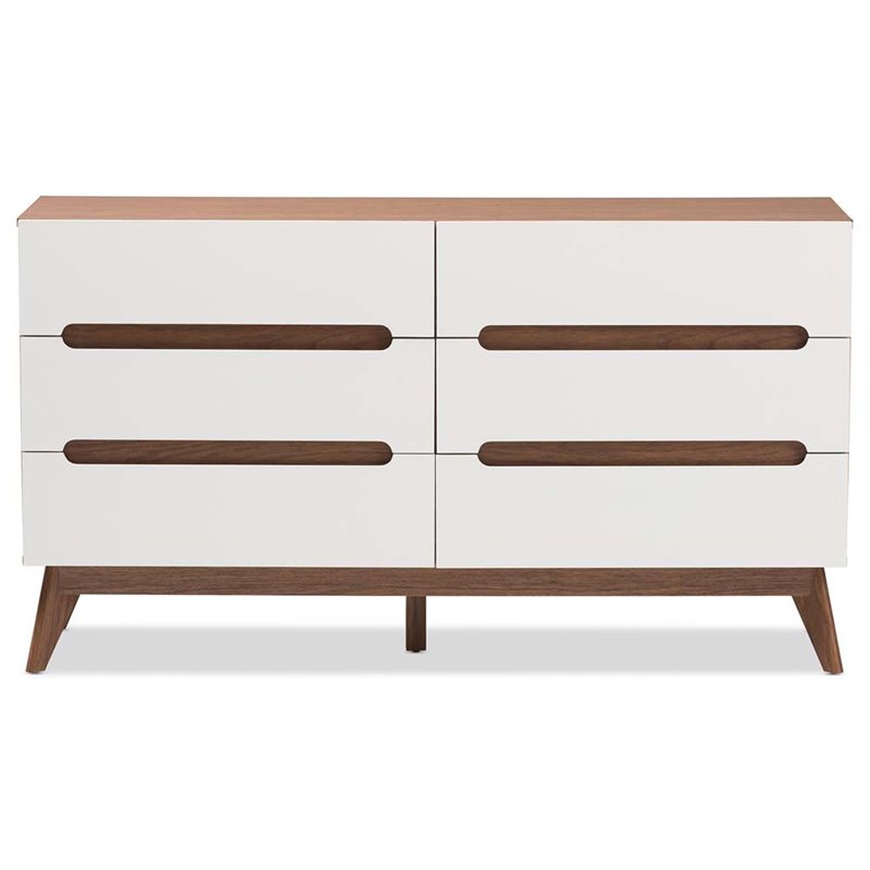 Maddie Home 6 Drawer Double Dresser in White and Walnut