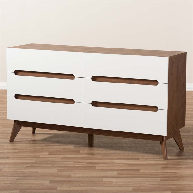 Maddie Home 6 Drawer Double Dresser in White and Walnut