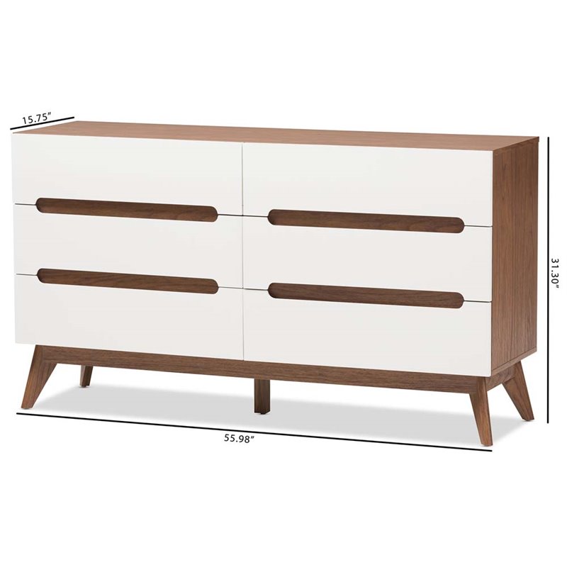 Maddie Home 6 Drawer Double Dresser in White and Walnut