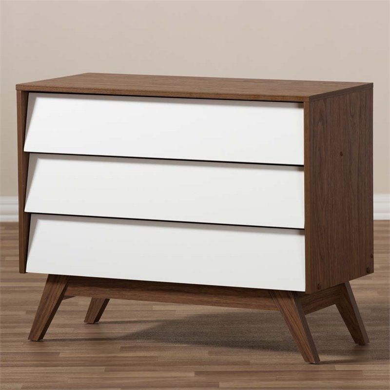 Maddie Home Mid-Century 3 Drawer Wood Chest in White/Walnut Brown