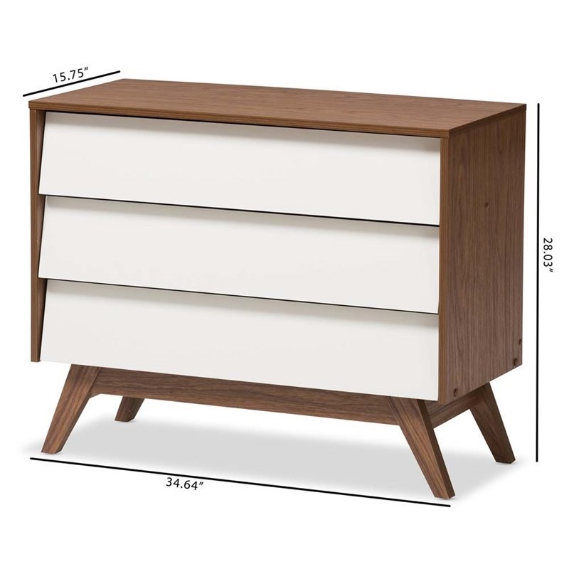Maddie Home Mid-Century 3 Drawer Wood Chest in White/Walnut Brown