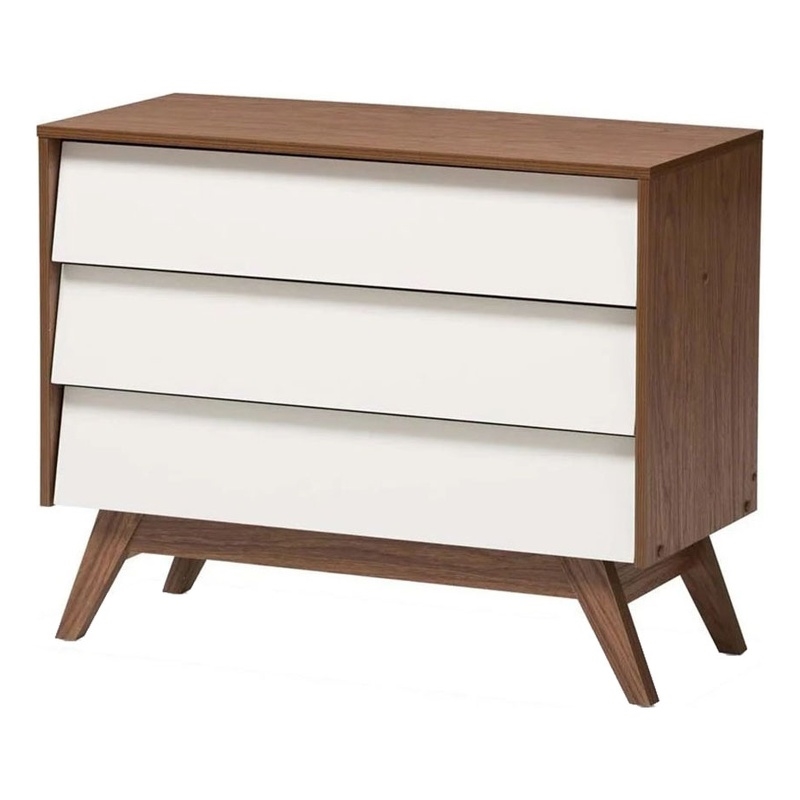Maddie Home Mid-Century 3 Drawer Wood Chest in White/Walnut Brown