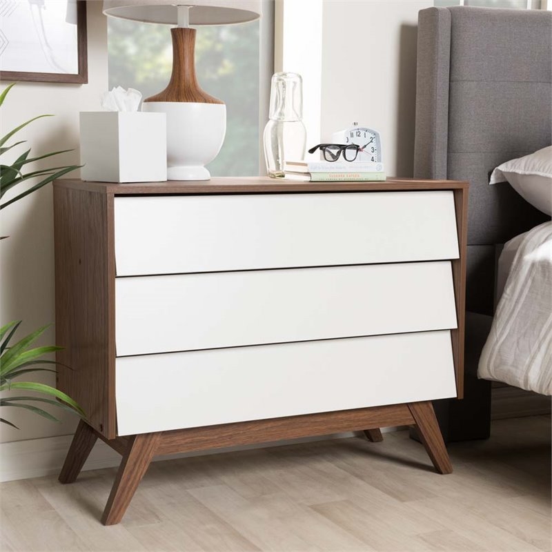 Maddie Home Mid-Century 3 Drawer Wood Chest in White/Walnut Brown