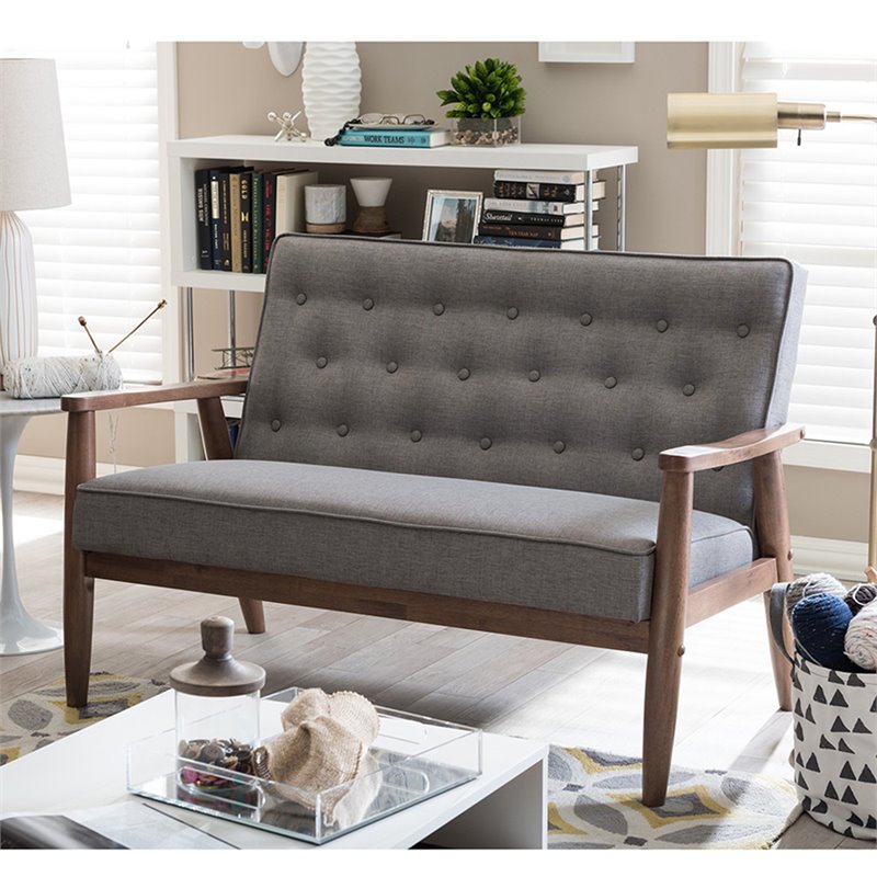 Maddie Home Faux Leather Tufted Loveseat in Gray and Walnut