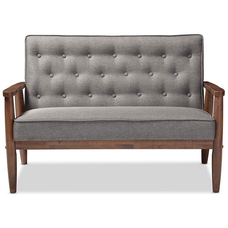 Maddie Home Faux Leather Tufted Loveseat in Gray and Walnut