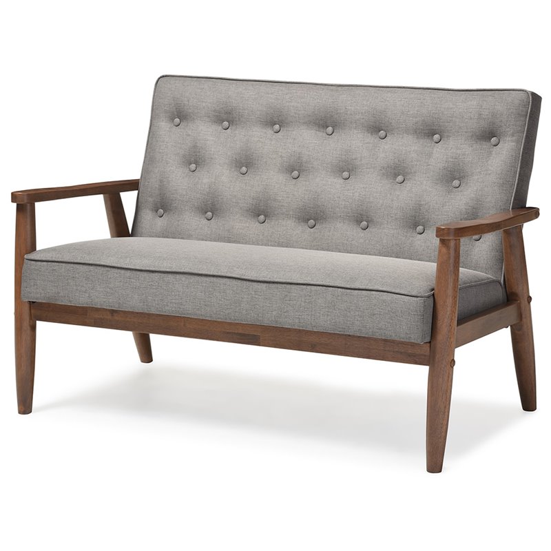 Maddie Home Faux Leather Tufted Loveseat in Gray and Walnut