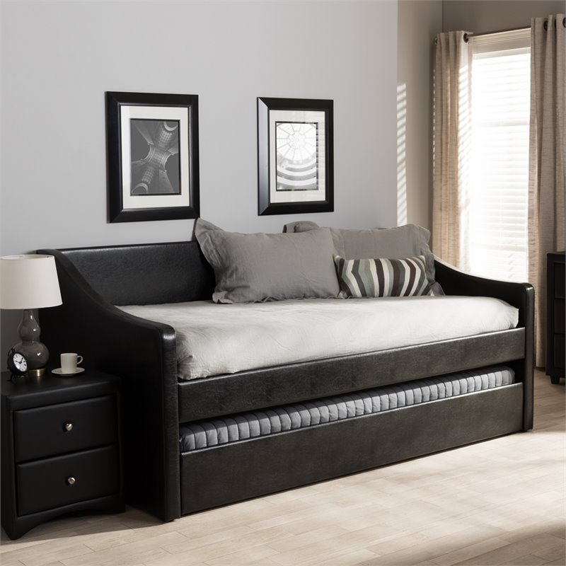 Maddie Home Modern Faux Leather Daybed with Trundle in Black