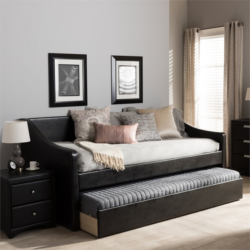 Maddie Home Modern Faux Leather Daybed with Trundle in Black