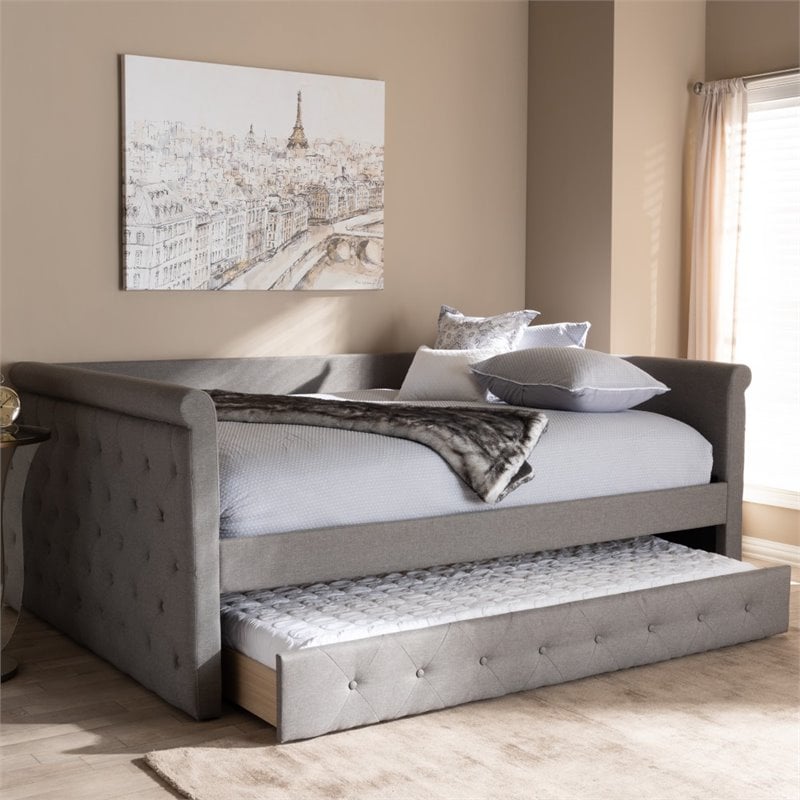Maddie Home Modern Fabric Tufted Queen Daybed with Trundle in Gray