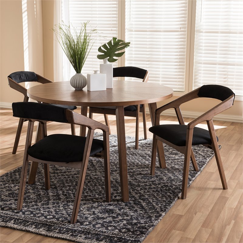 Maddie Home 5 Piece Round Dining Set in Black and Walnut Brown