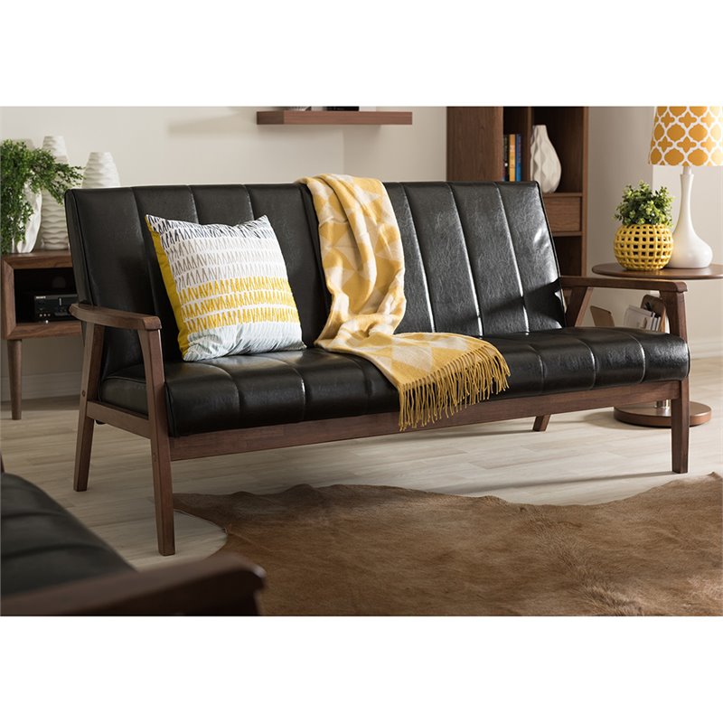 Maddie Home Faux Leather Sofa in Black and Walnut